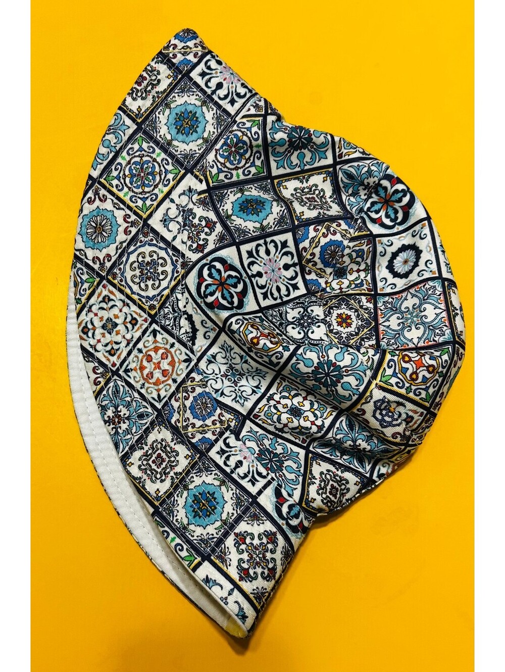 Mediterranean Talavera Tile Print Bucket Hat Mosaic Blue Yellow Sun Cap Unisex